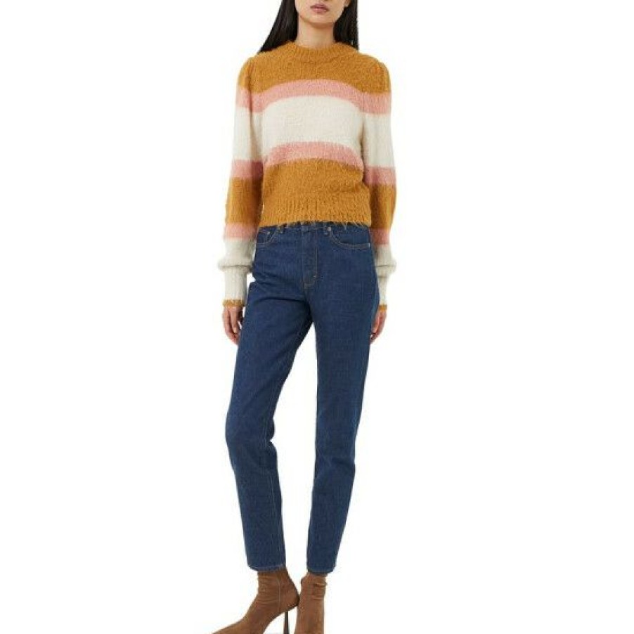 Women * | Promo French Connection Women'S Moli Brushed Striped Jumper Sweater Gold Oatmeal Rose