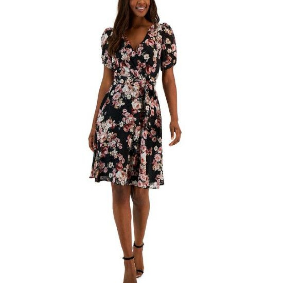 Women * | Promo Connected Women'S Floral Swiss-Dot Twist-Sleeve Sheath Dress Black