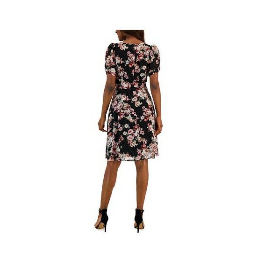 Women * | Promo Connected Women'S Floral Swiss-Dot Twist-Sleeve Sheath Dress Black