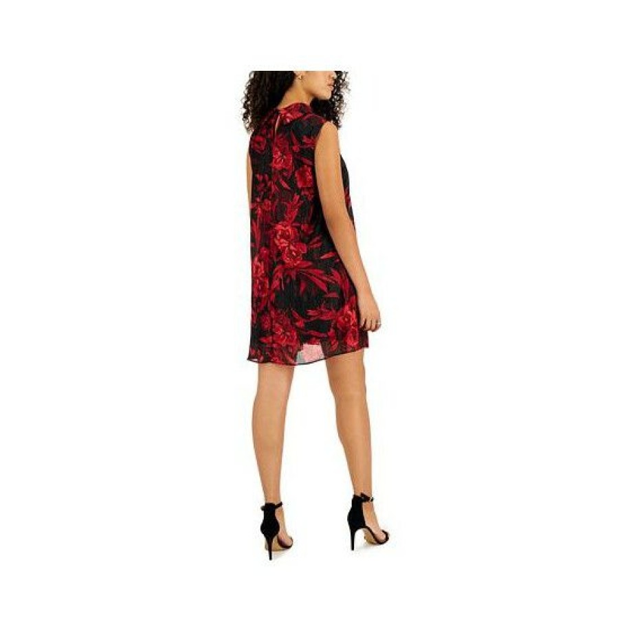 Women * | New Connected Petite Printed Lurex Trapeze Sleeveless Dress Red