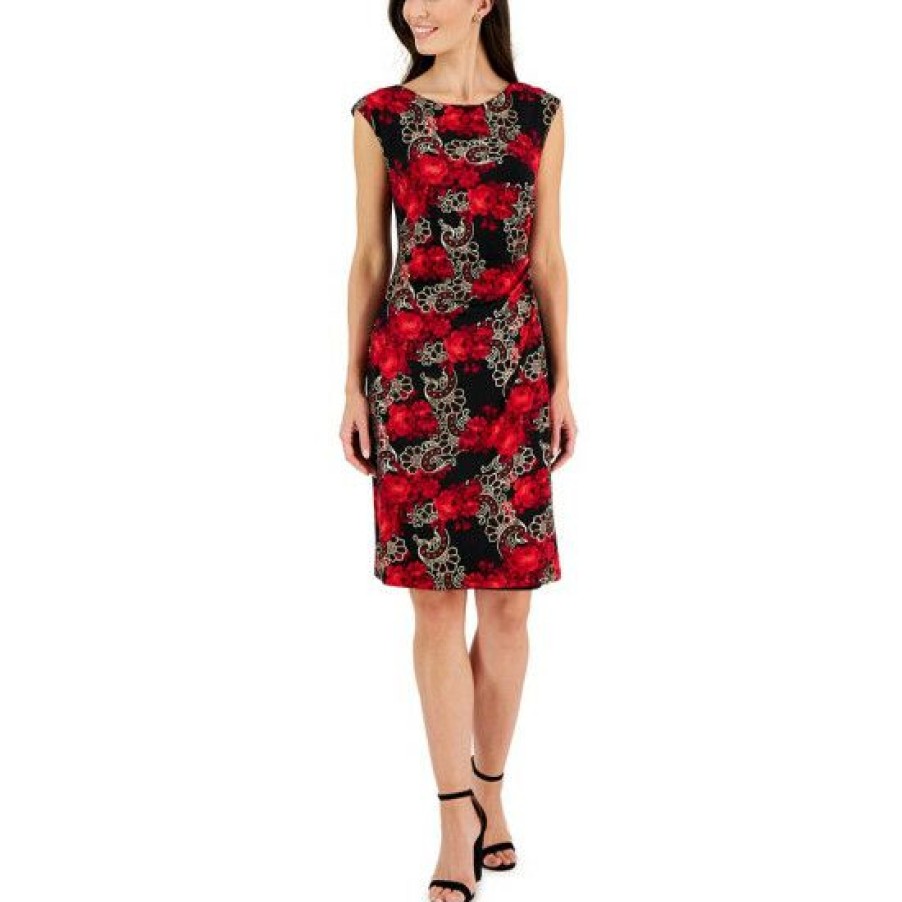 Women * | Discount Connected Women'S Printed Ruched Sheath Dress Red