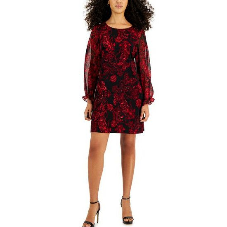 Women * | Flash Sale Connected Petite Printed Round-Neck Long Sleeve Dress Red