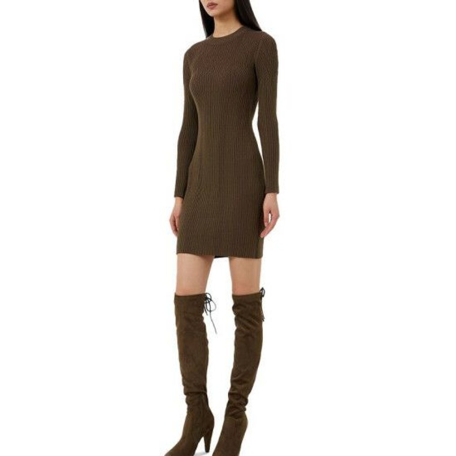 Women * | Discount French Connection Women'S Joann Mari Crewneck Ribbed-Knit Bodycon Dress Beech French Roast