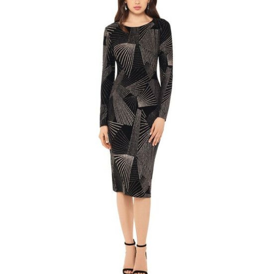 Women * | Budget Betsy & Adam Petite Printed Sheath Dress Black/Gold