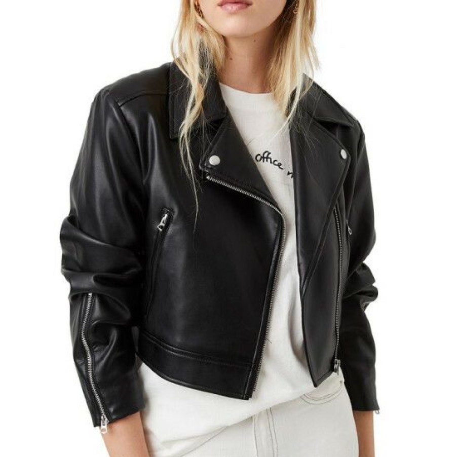 Women * | New French Connection Crolenda Cropped Moto Jacket Black