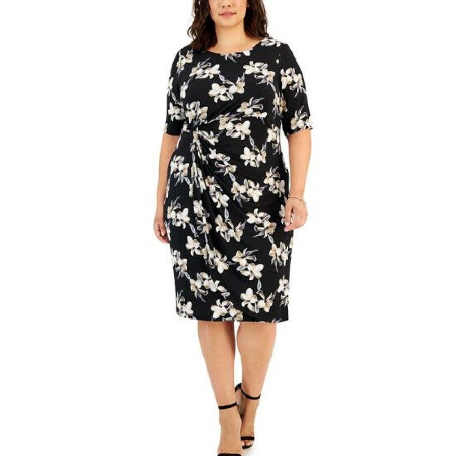 Women * | Best Sale Connected Plus Size Printed Side-Tab Sheath Dress Taupe