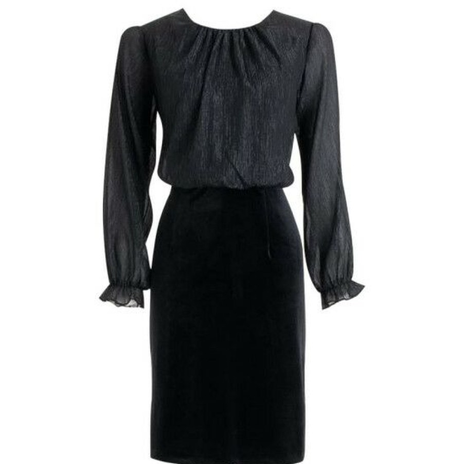 Women * | New Connected Women'S Velvet Ruffled-Cuff Sheath Dress Black