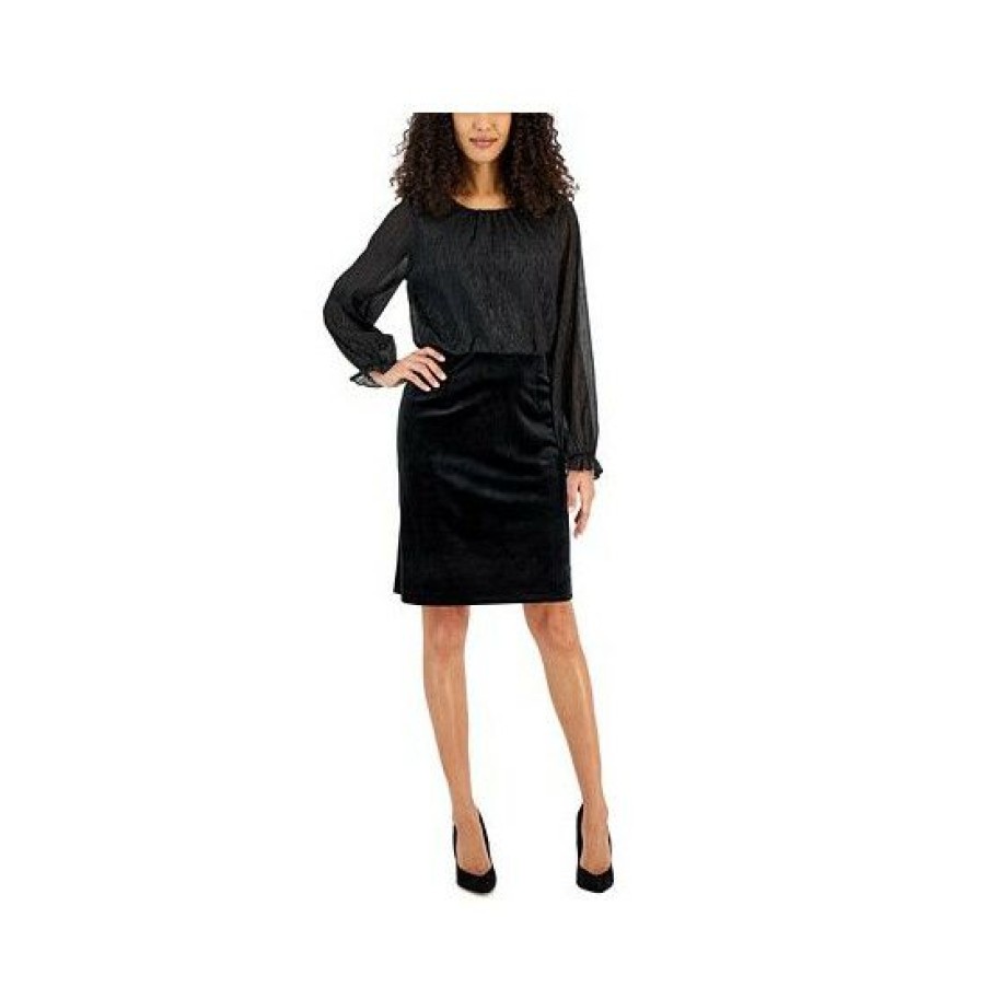 Women * | New Connected Women'S Velvet Ruffled-Cuff Sheath Dress Black