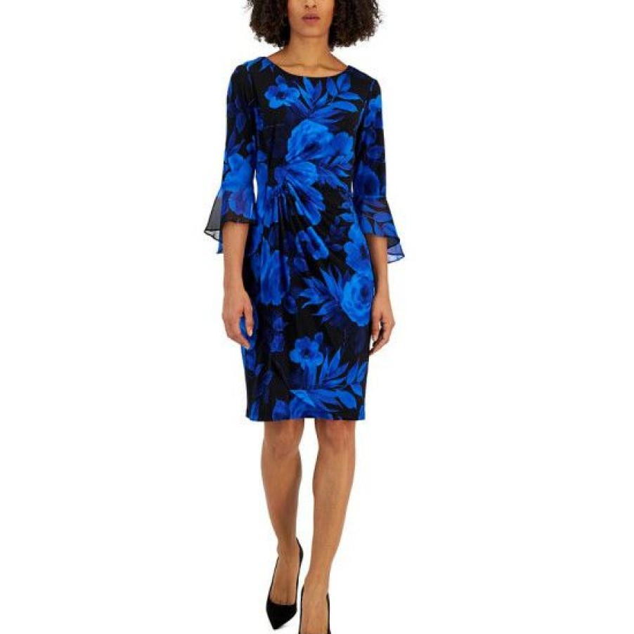 Women * | Best Deal Connected Petite Printed 3/4-Sleeve Side-Tab Dress Sapphire