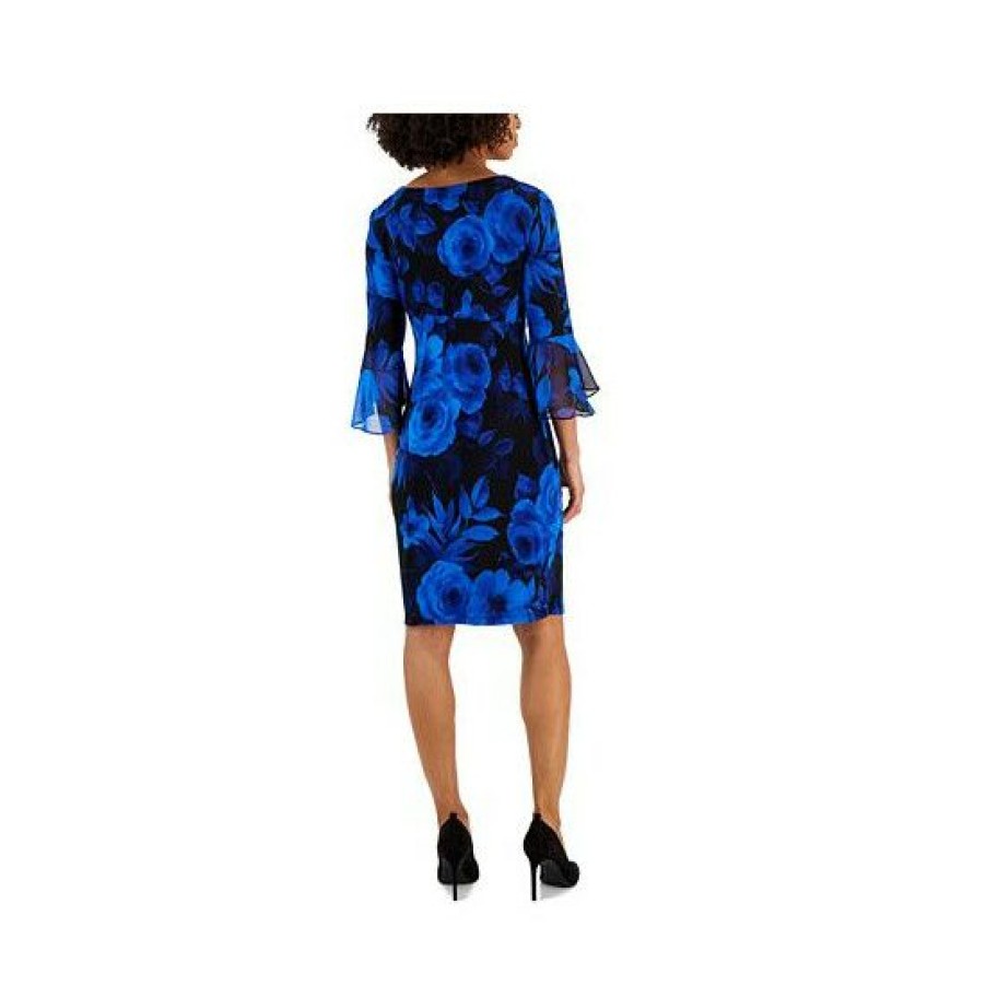 Women * | Best Deal Connected Petite Printed 3/4-Sleeve Side-Tab Dress Sapphire