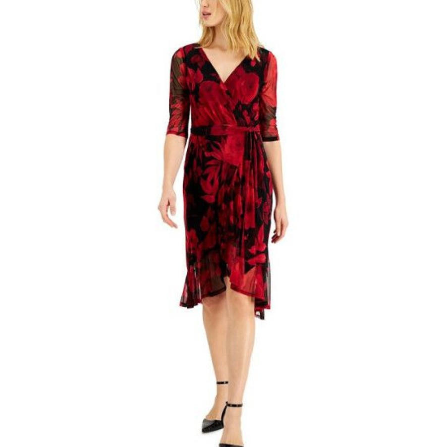 Women * | Promo Connected Petite Floral-Print Faux-Wrap Dress Red