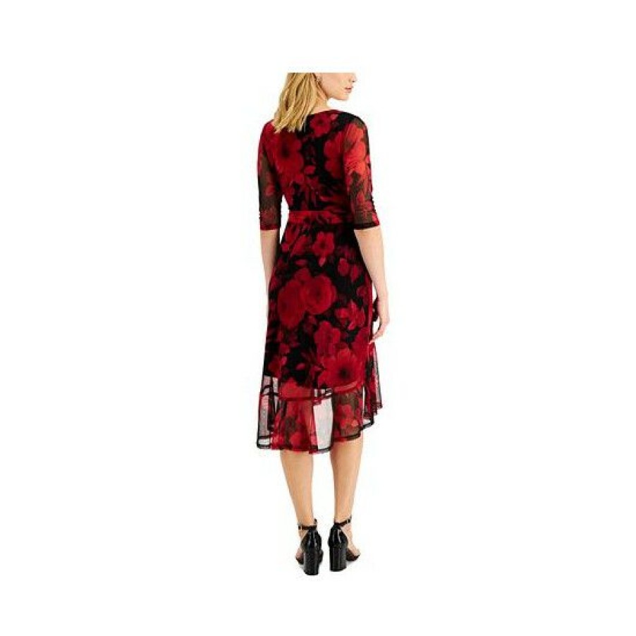 Women * | Promo Connected Petite Floral-Print Faux-Wrap Dress Red