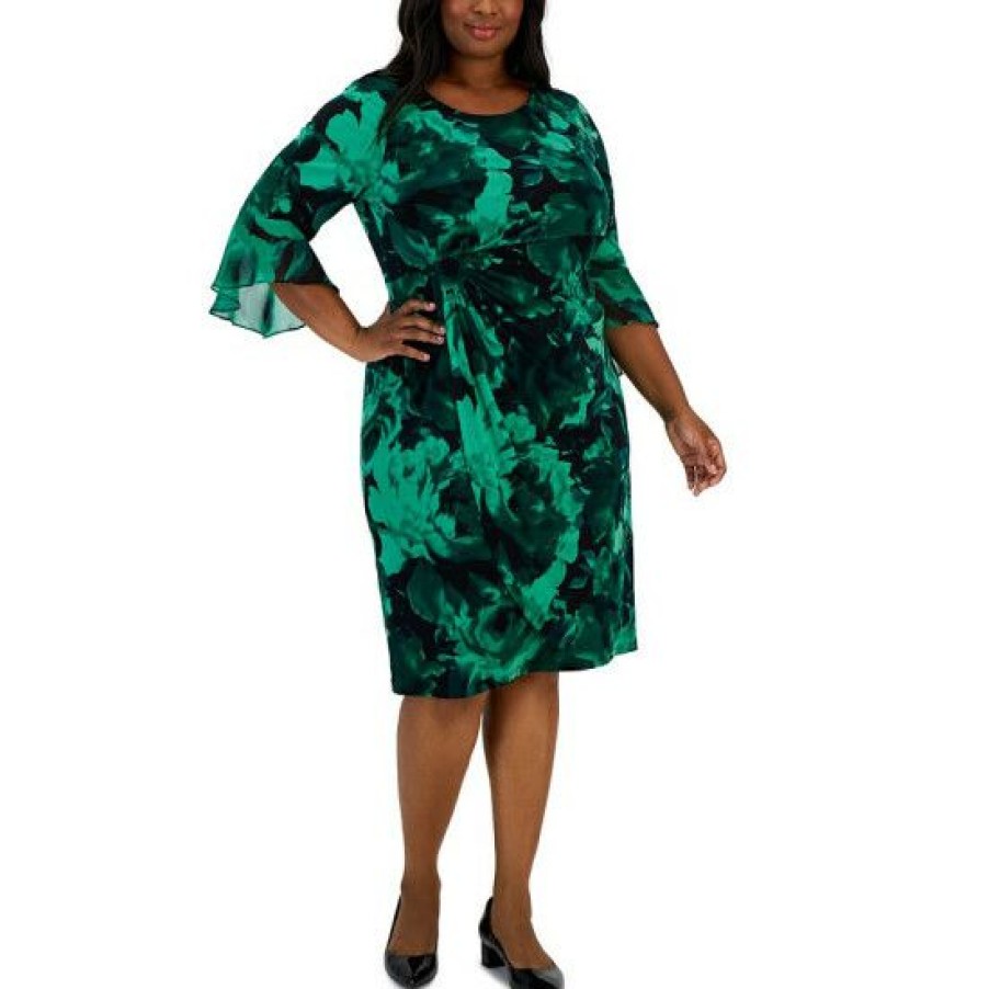 Women * | Buy Connected Plus Size Floral-Print 3/4-Sleeve Sheath Dress Emerald