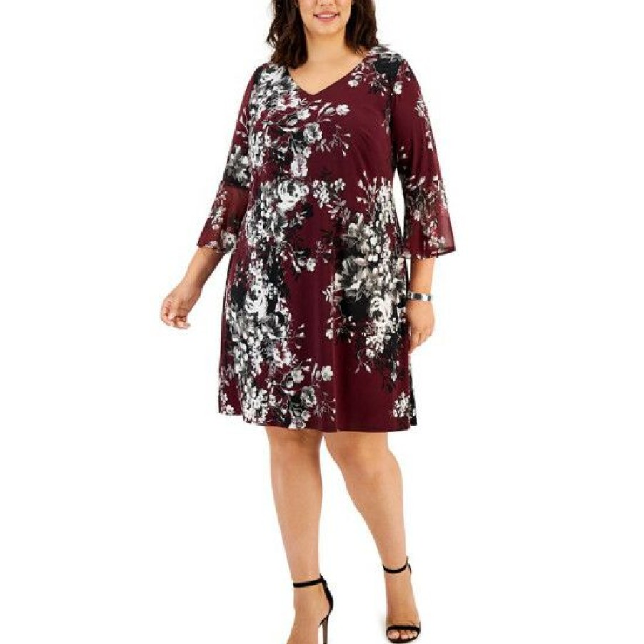 Women * | Buy Connected Plus Size Printed 3/4-Bell-Sleeve Fit & Flare Dress Bordeaux