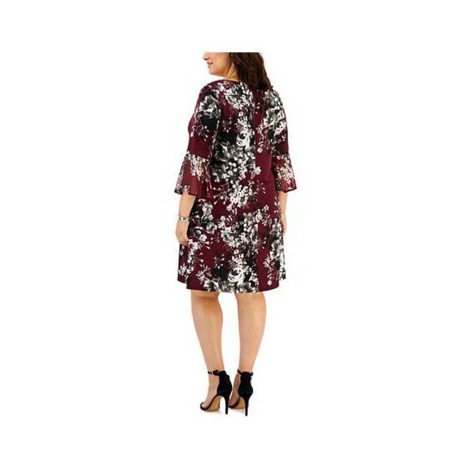 Women * | Buy Connected Plus Size Printed 3/4-Bell-Sleeve Fit & Flare Dress Bordeaux