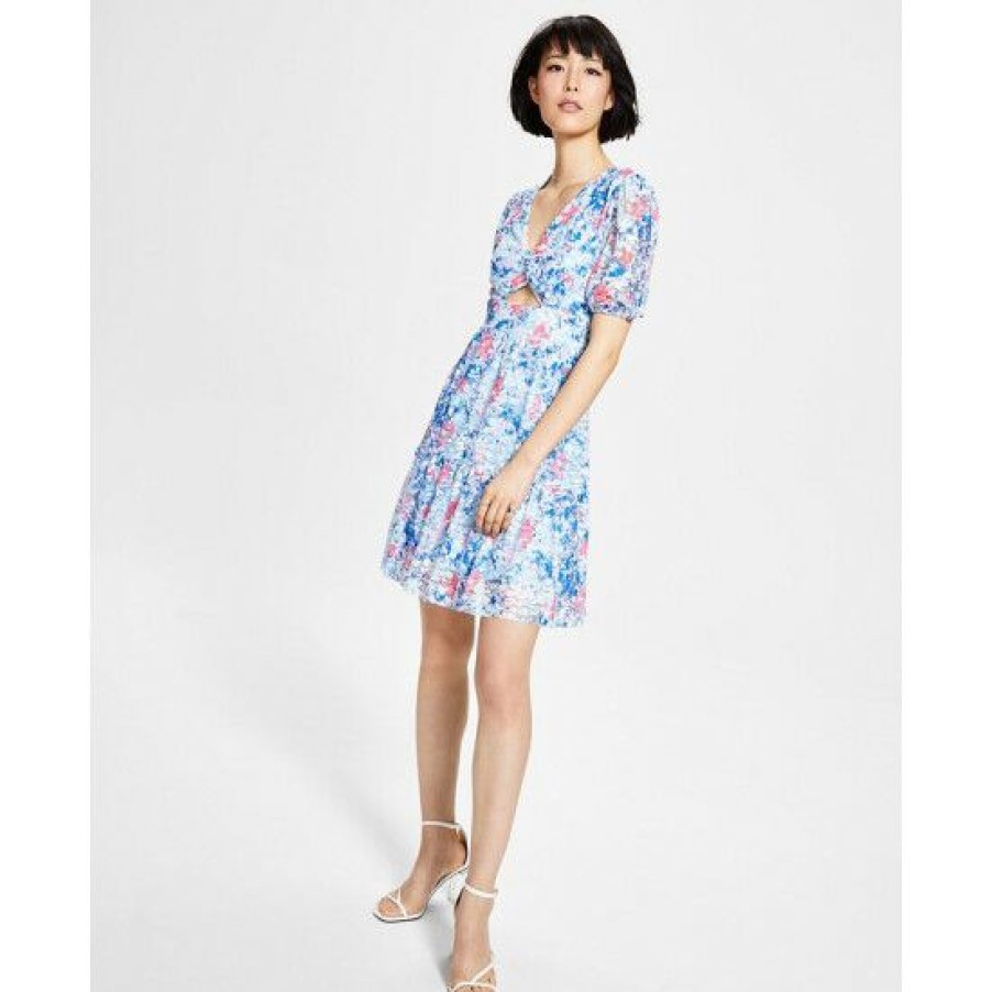 Women * | Best Deal Bar Iii Women'S Front-Cutout Tiered Dress, Created For Macy'S Air Blue Floral