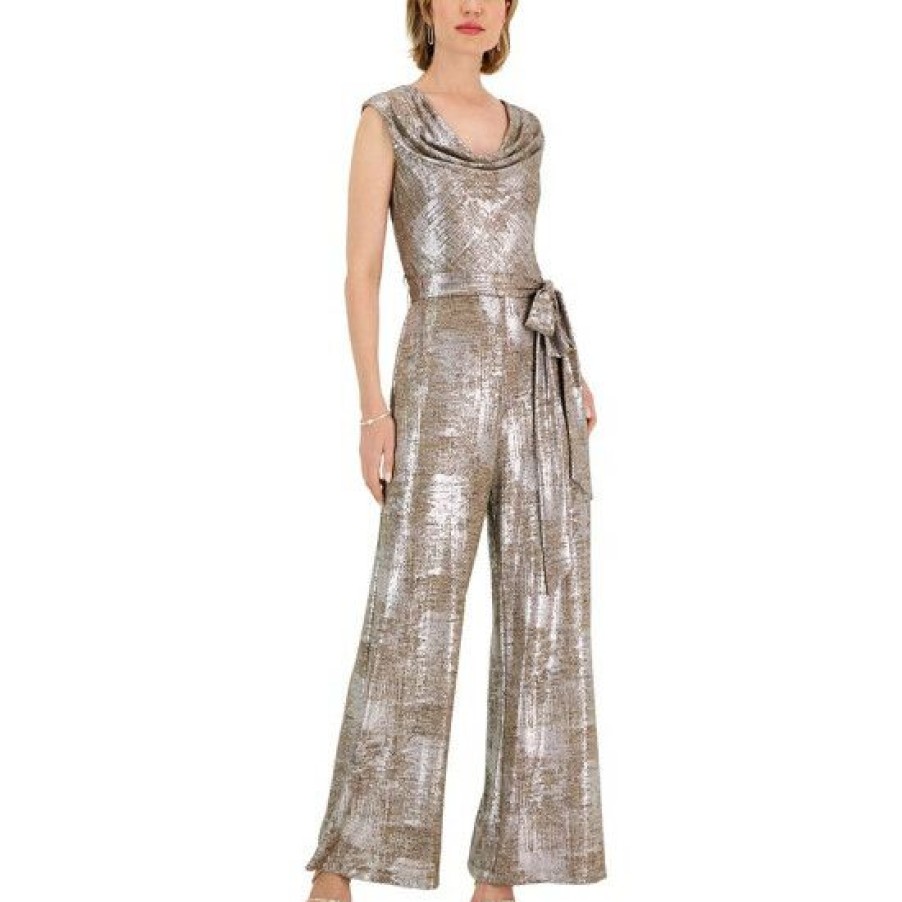 Women * | Best Reviews Of Connected Women'S Metallic Cowl-Neck Jumpsuit Flax/Silver