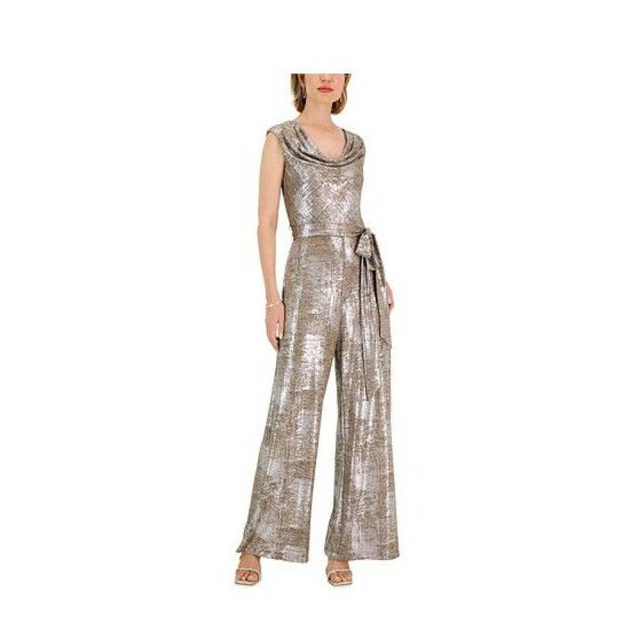 Women * | Best Reviews Of Connected Women'S Metallic Cowl-Neck Jumpsuit Flax/Silver