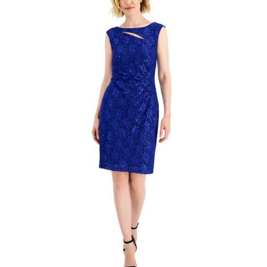 Women * | Cheapest Connected Petite Cutout Lace Shimmer Dress Cobalt