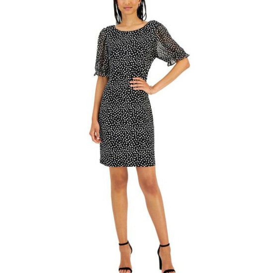 Women * | Promo Connected Women'S Puff-Sleeve Dotted Dress Black