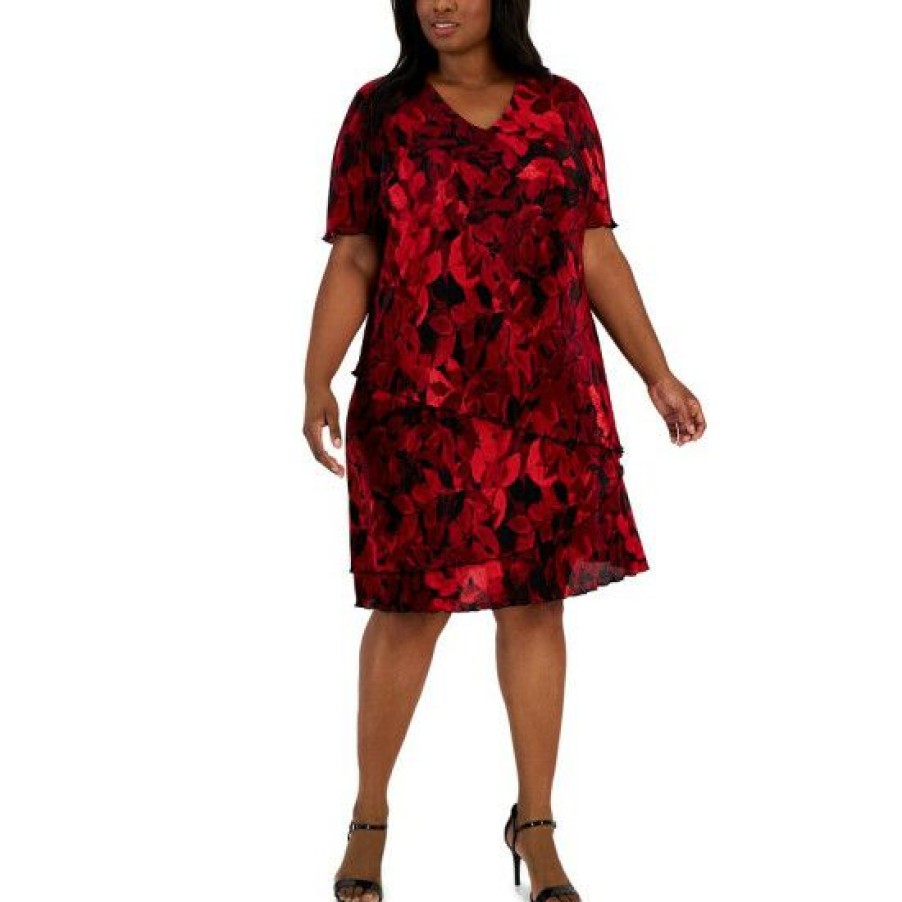 Women * | Coupon Connected Plus Size Printed Asymmetrical-Tie Dress Red