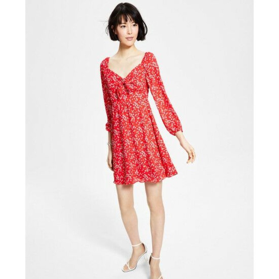 Women * | Best Sale Bar Iii Women'S Ditsy-Print Tie-Bust Dress, Created For Macy'S Aurora Red Floral