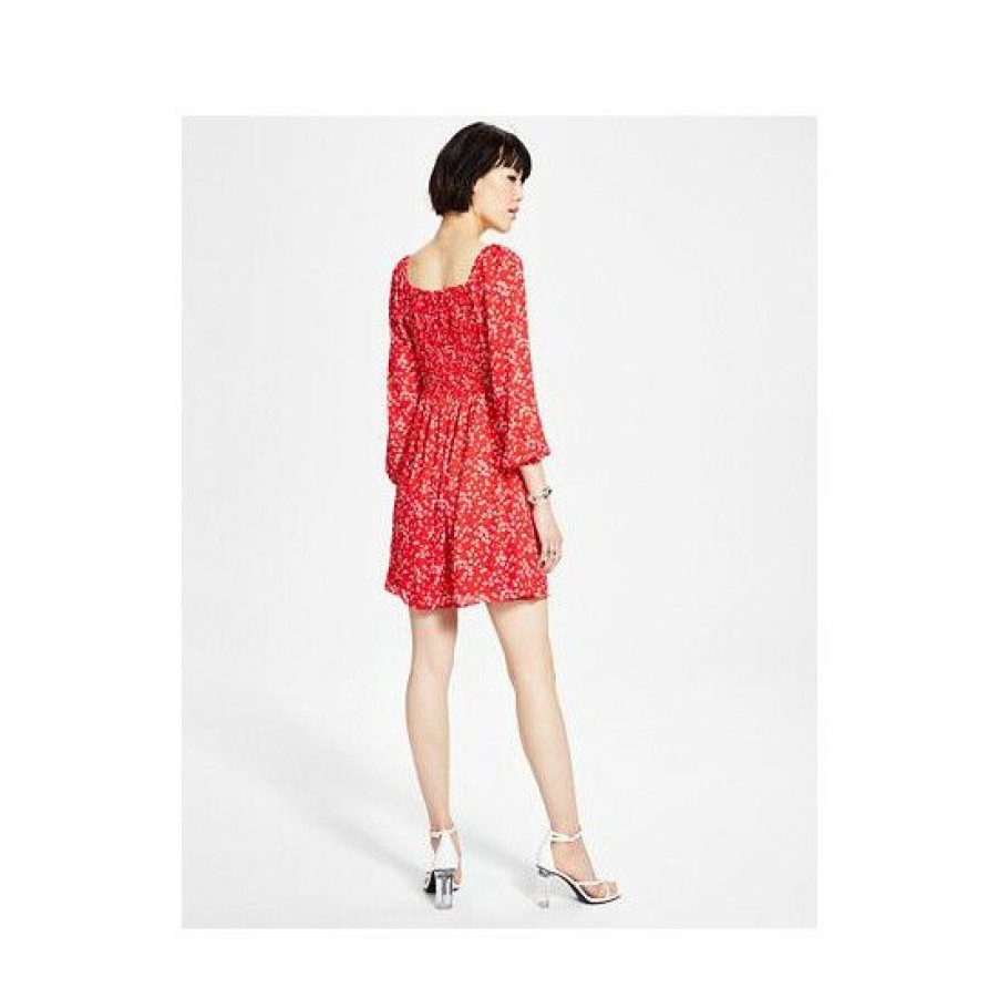 Women * | Best Sale Bar Iii Women'S Ditsy-Print Tie-Bust Dress, Created For Macy'S Aurora Red Floral