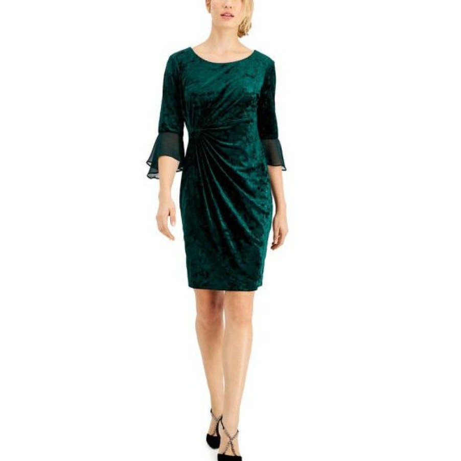 Women * | Best Reviews Of Connected Petite Side-Tab Velvet Dress Hunter