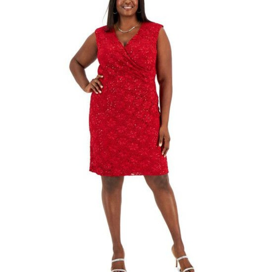 Women * | Buy Connected Plus Size Embellished Lace Side-Pleated Dress Scarlet