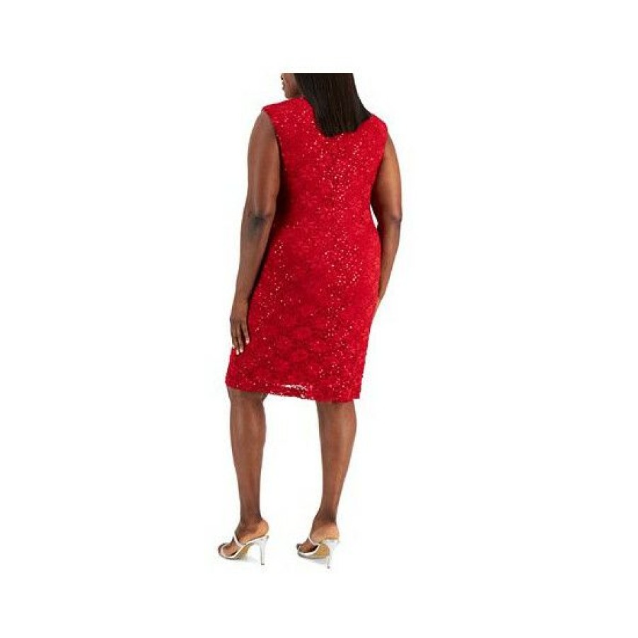 Women * | Buy Connected Plus Size Embellished Lace Side-Pleated Dress Scarlet