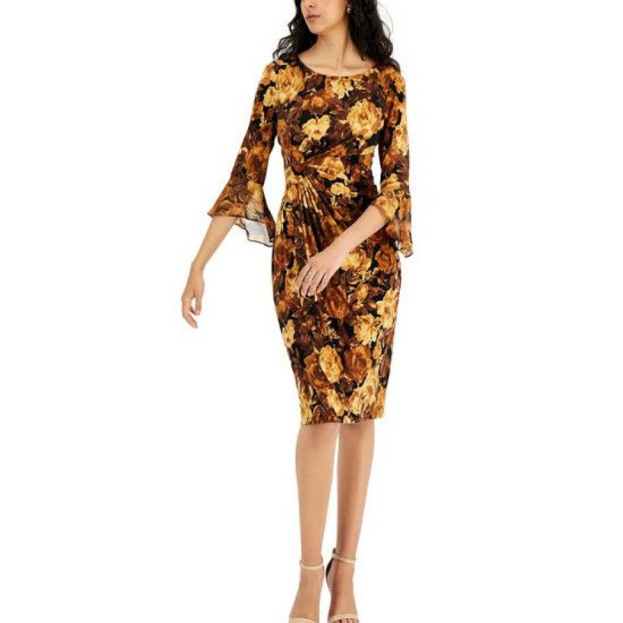 Women * | Best Deal Connected Women'S Floral-Print Pleat-Front Flare-Sleeve Dress Spice