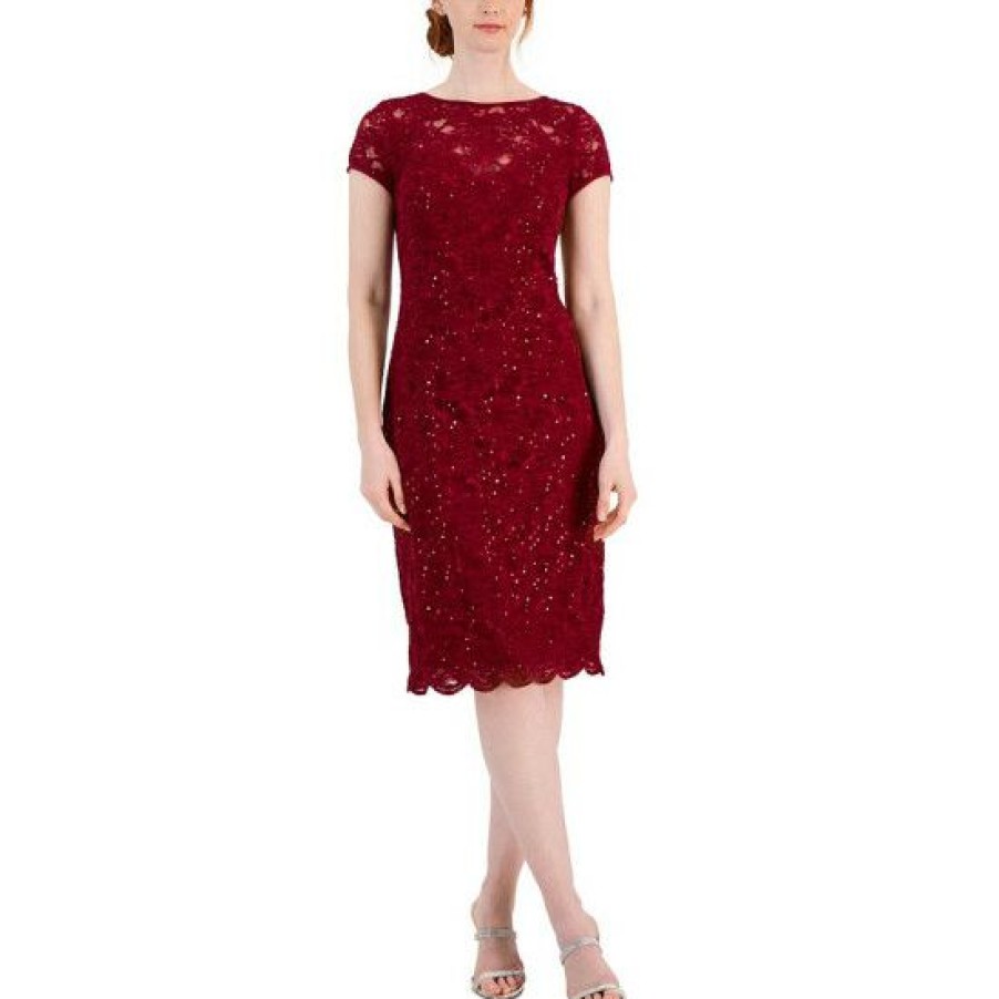 Women * | Wholesale Connected Women'S Embellished Lace Short-Sleeve Dress Cabernet