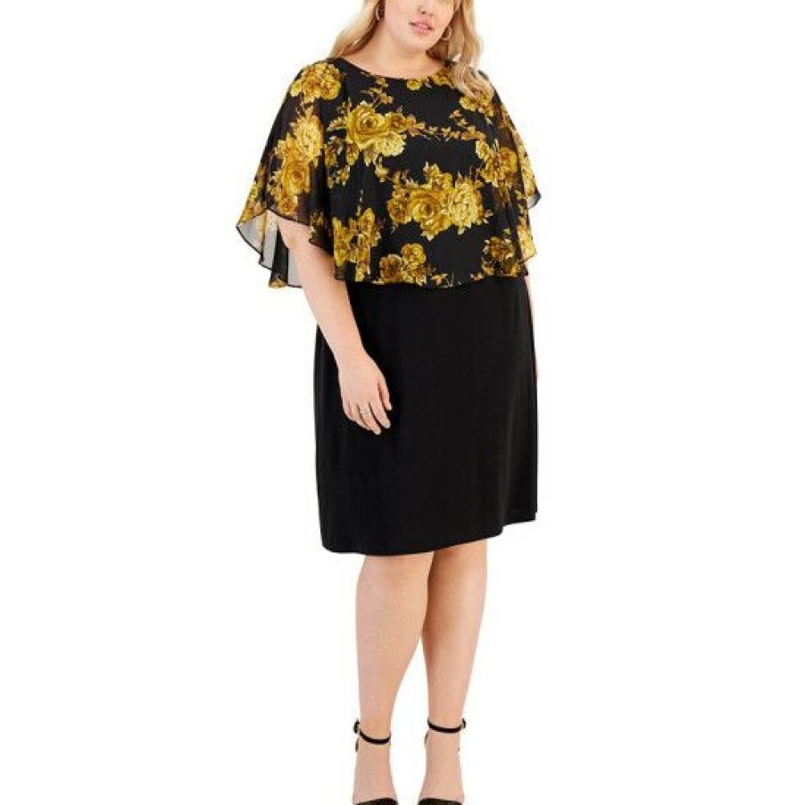 Women * | Promo Connected Plus Size Round-Neck Printed-Overlay Sheath Dress Black/Bronze