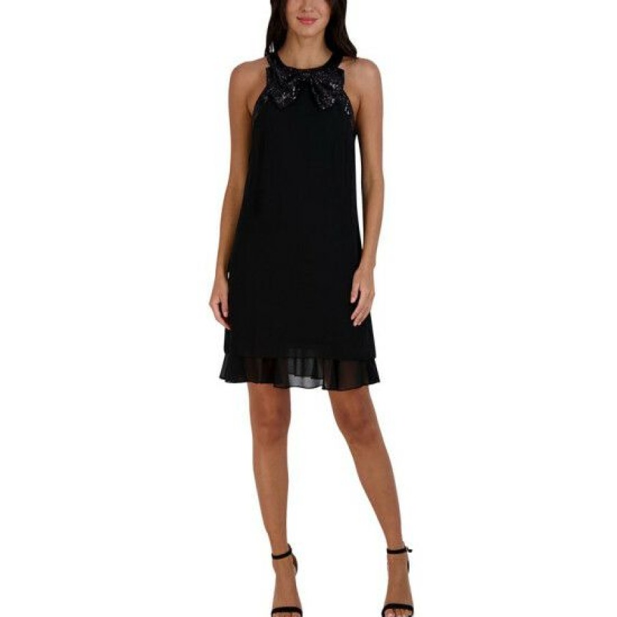 Women * | Cheap Robbie Bee Petite Sequined Bow-Front Trapeze Dress Black