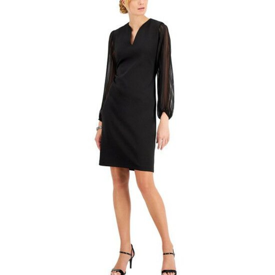 Women * | Top 10 Connected Petite Sheer-Sleeve Sheath Dress Black