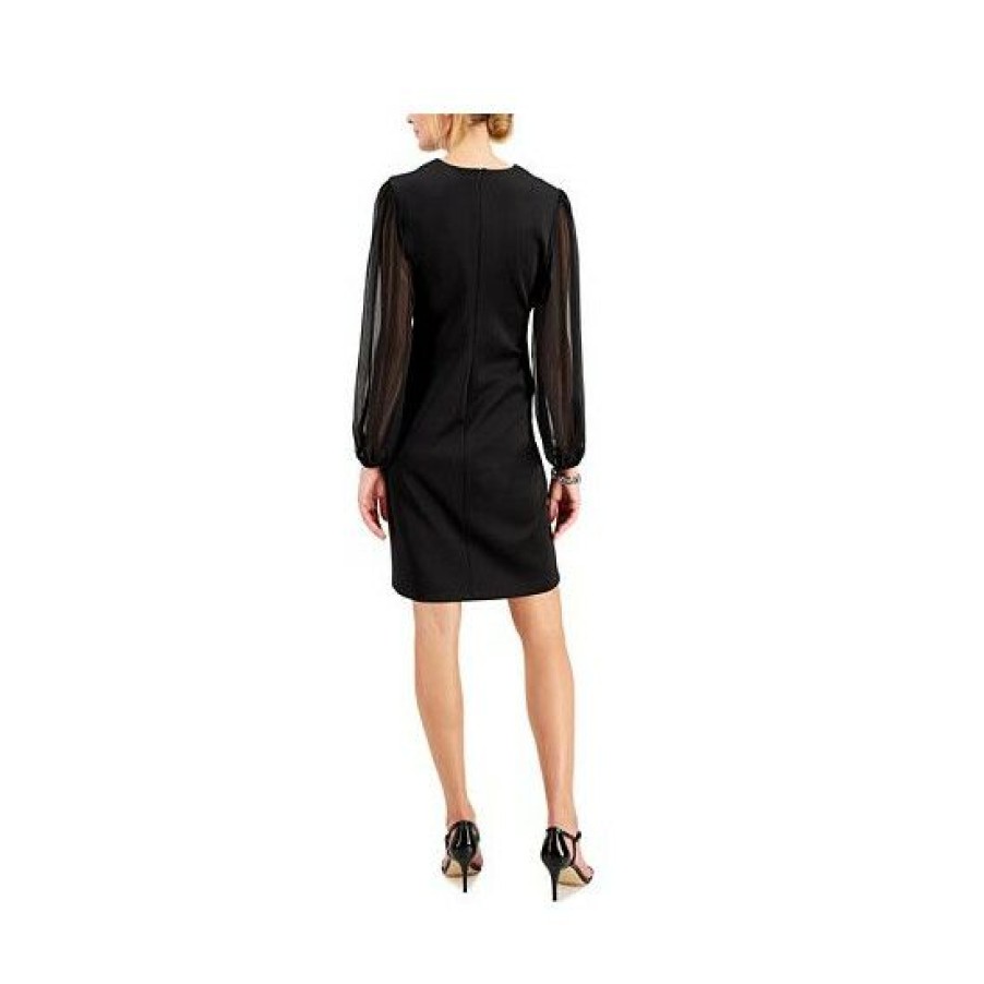 Women * | Top 10 Connected Petite Sheer-Sleeve Sheath Dress Black