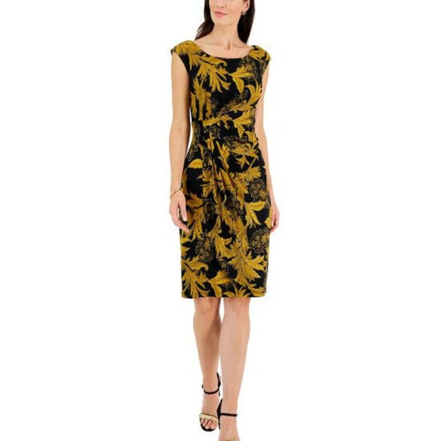 Women * | Wholesale Connected Petite Printed Side-Tab Cap-Sleeve Dress Black/Gold