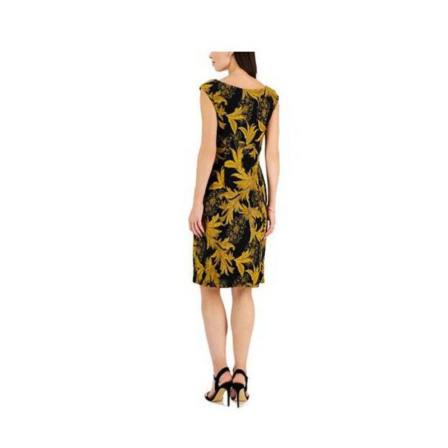 Women * | Wholesale Connected Petite Printed Side-Tab Cap-Sleeve Dress Black/Gold